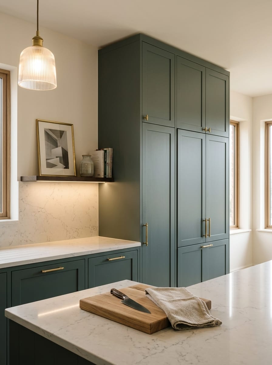 Tall view of full-height bespoke kitchen cabinetry, contemporary painted lay-on cabinetry