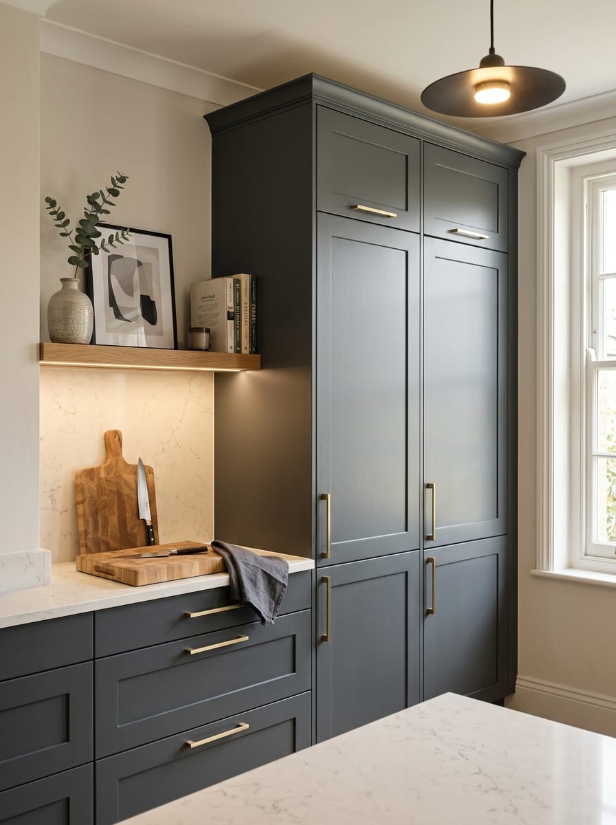 portrait1_600x800-394 Tall view of full-height bespoke kitchen cabinetry, matt painted handleless slab cabinetry