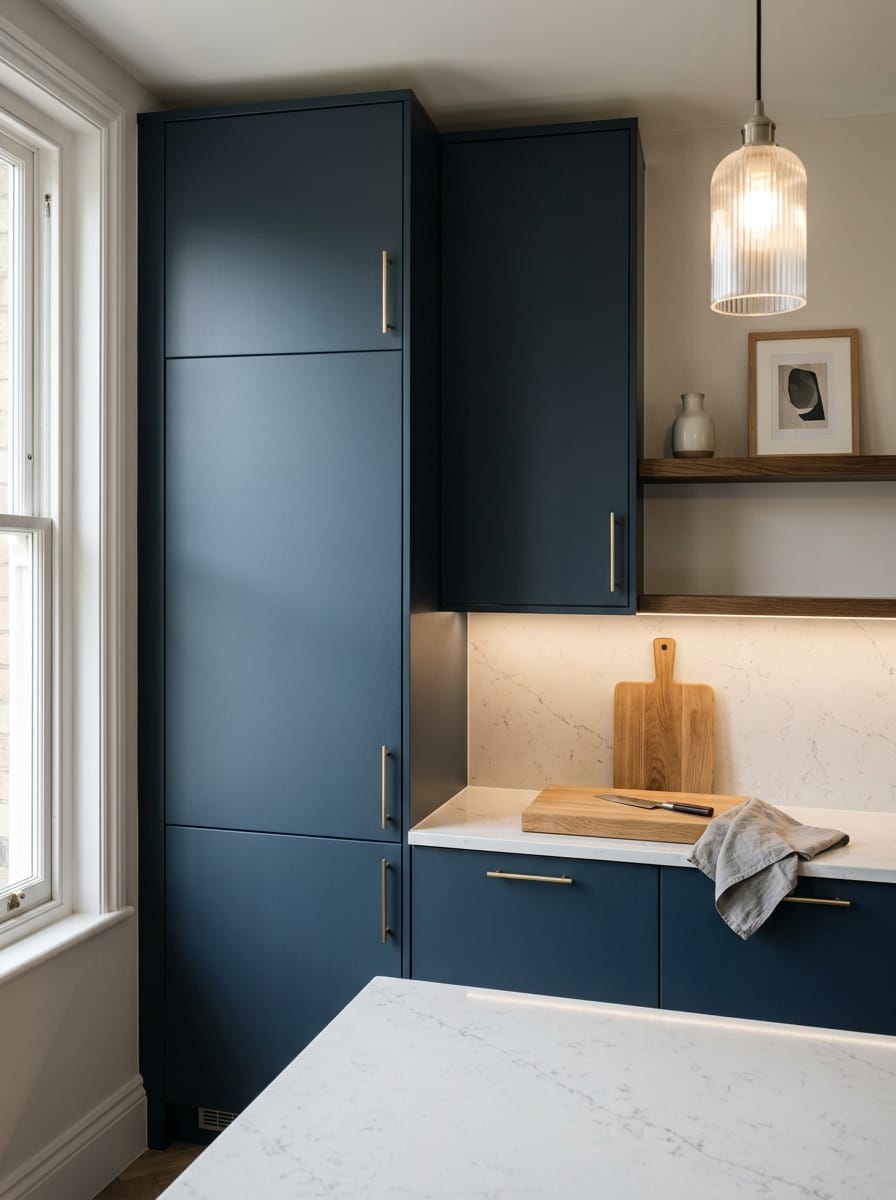 Tall view of full-height bespoke kitchen cabinetry, modern shaker cabinetry