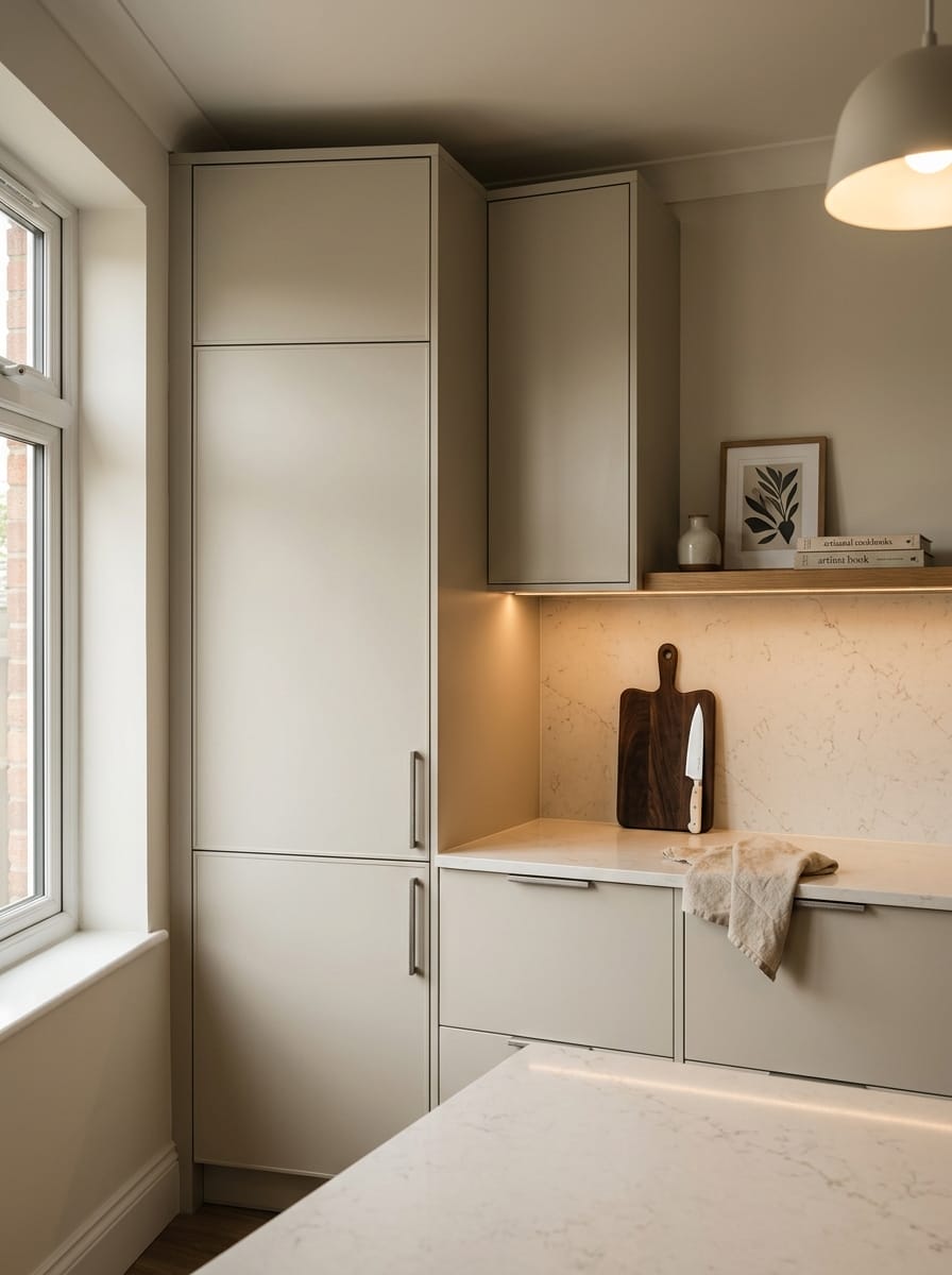 Tall view of full-height bespoke kitchen cabinetry, timber veneer slab-door cabinetry