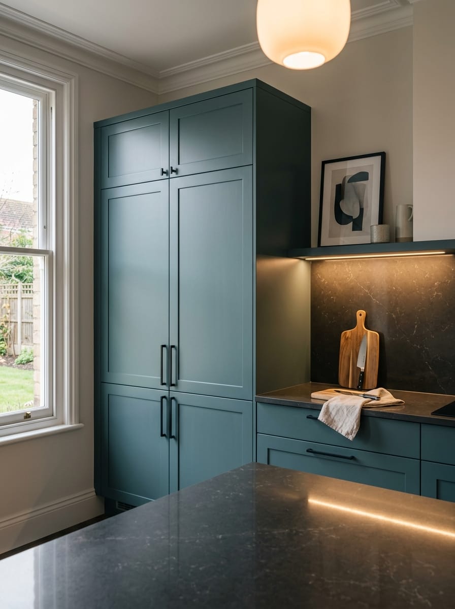 Tall view of full-height bespoke kitchen cabinetry, modern shaker cabinetry