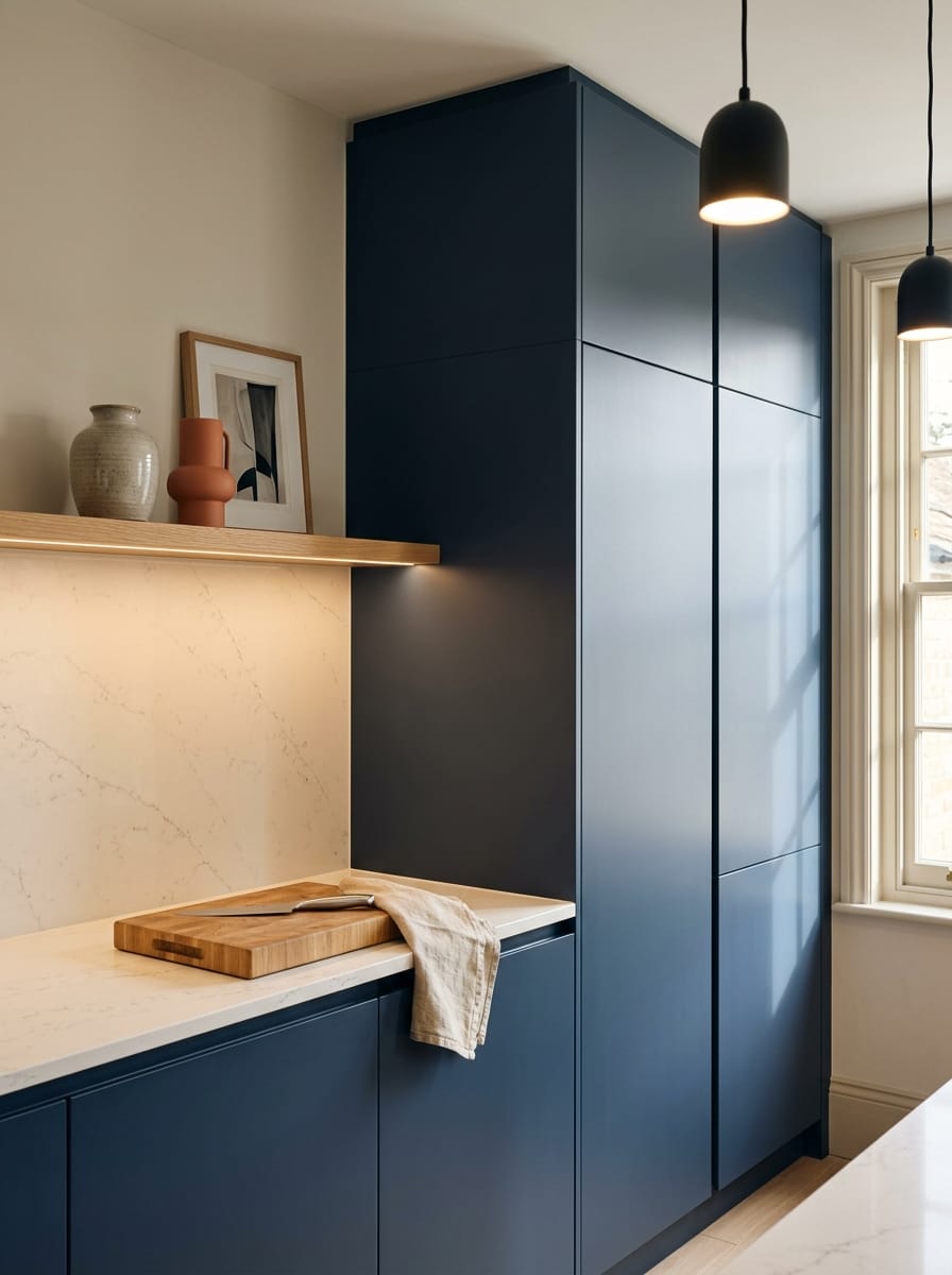 Tall view of full-height bespoke kitchen cabinetry, timber veneer slab-door cabinetry