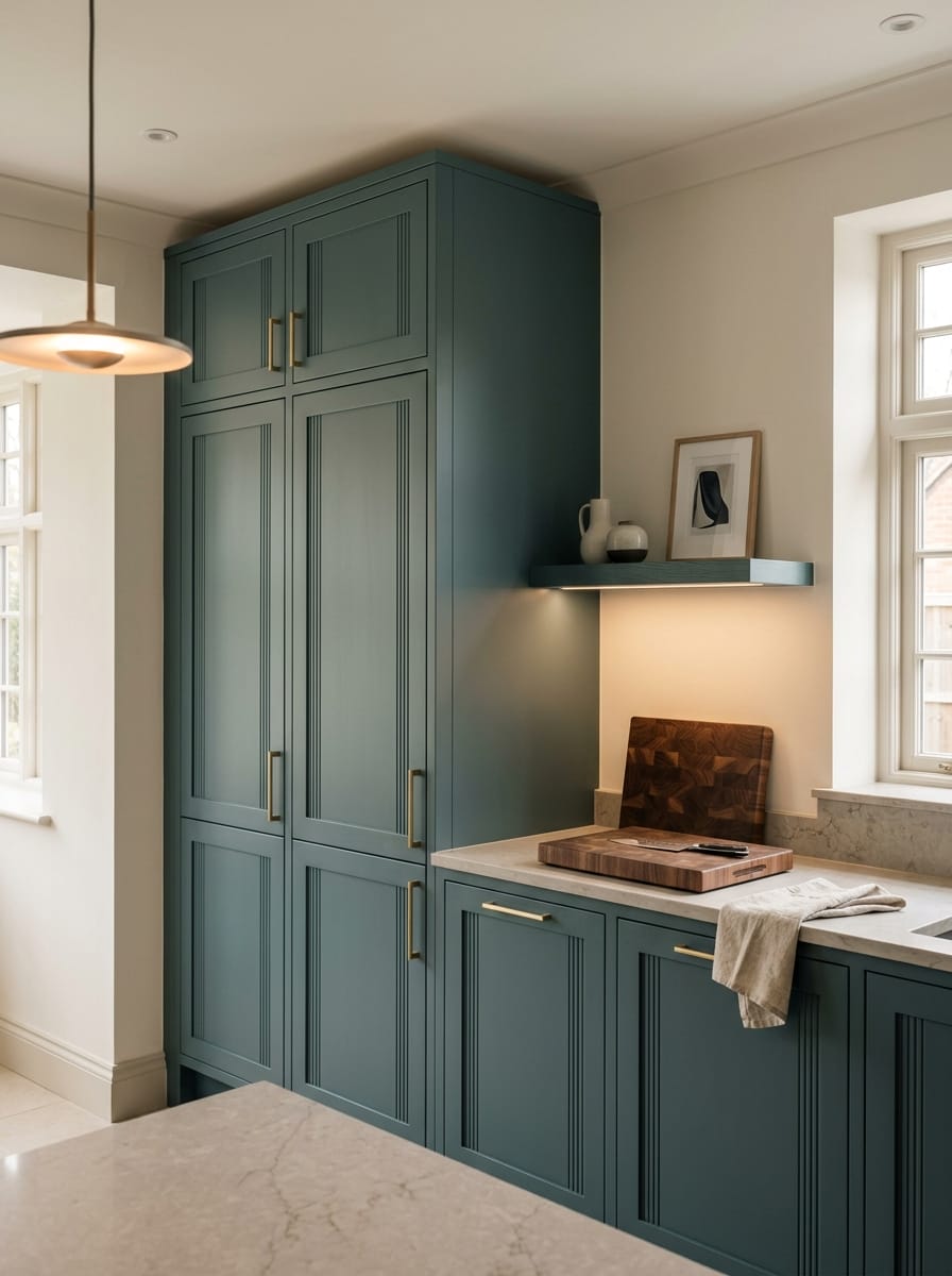 Tall view of full-height bespoke kitchen cabinetry, matt painted handleless slab cabinetry