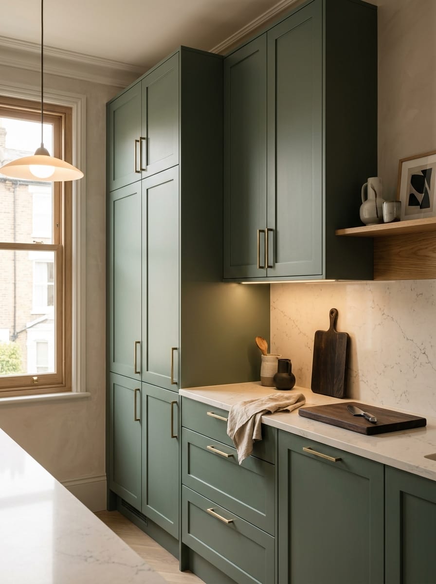 Tall view of full-height bespoke kitchen cabinetry, timber veneer slab-door cabinetry