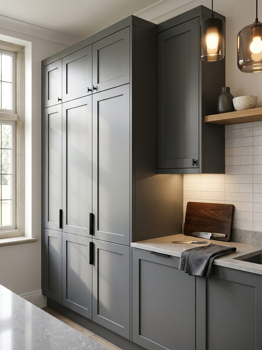 Tall view of full-height bespoke kitchen cabinetry, contemporary painted lay-on cabinetry