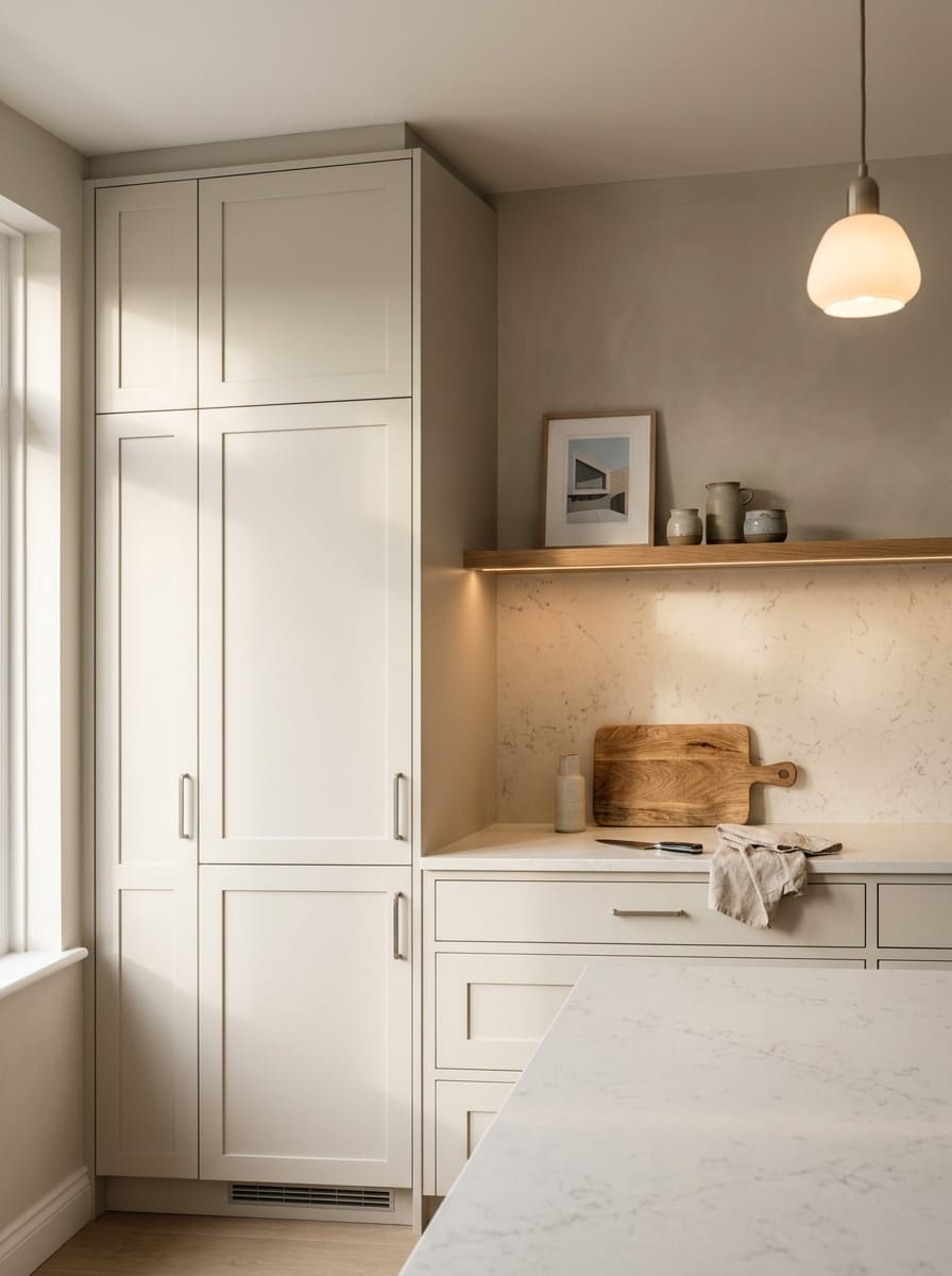Tall view of full-height bespoke kitchen cabinetry, contemporary in-frame cabinetry