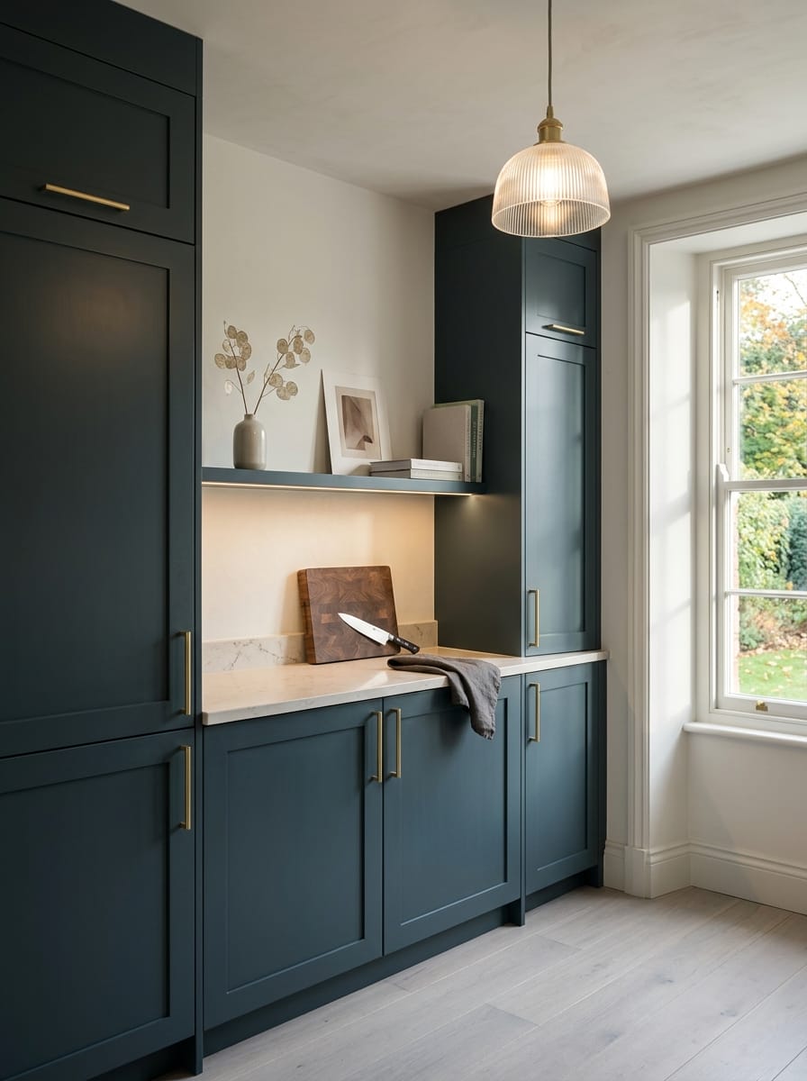 Tall view of full-height bespoke kitchen cabinetry, timber veneer slab-door cabinetry
