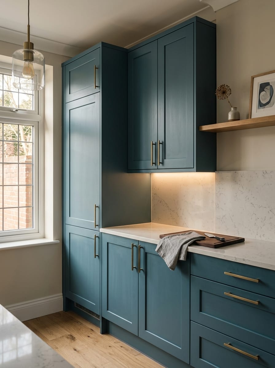 portrait1_600x800-409 Tall view of full-height bespoke kitchen cabinetry, matt painted handleless slab cabinetry