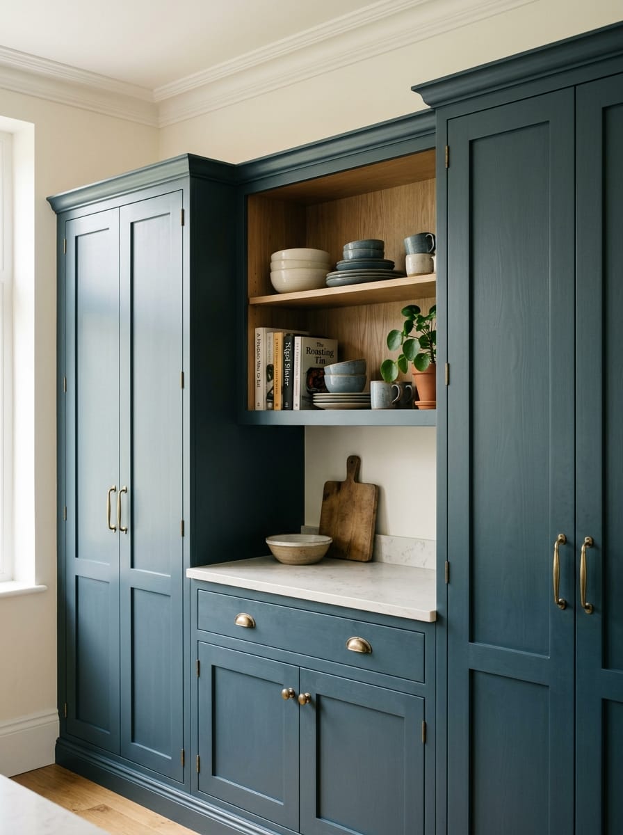 blue shaker-style units with brass handles and open wooden shelving