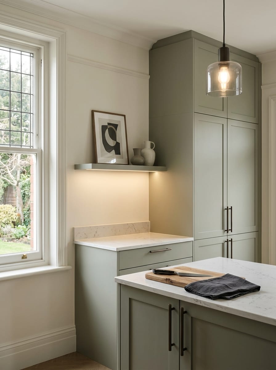 Tall view of full-height bespoke kitchen cabinetry, modern shaker cabinetry