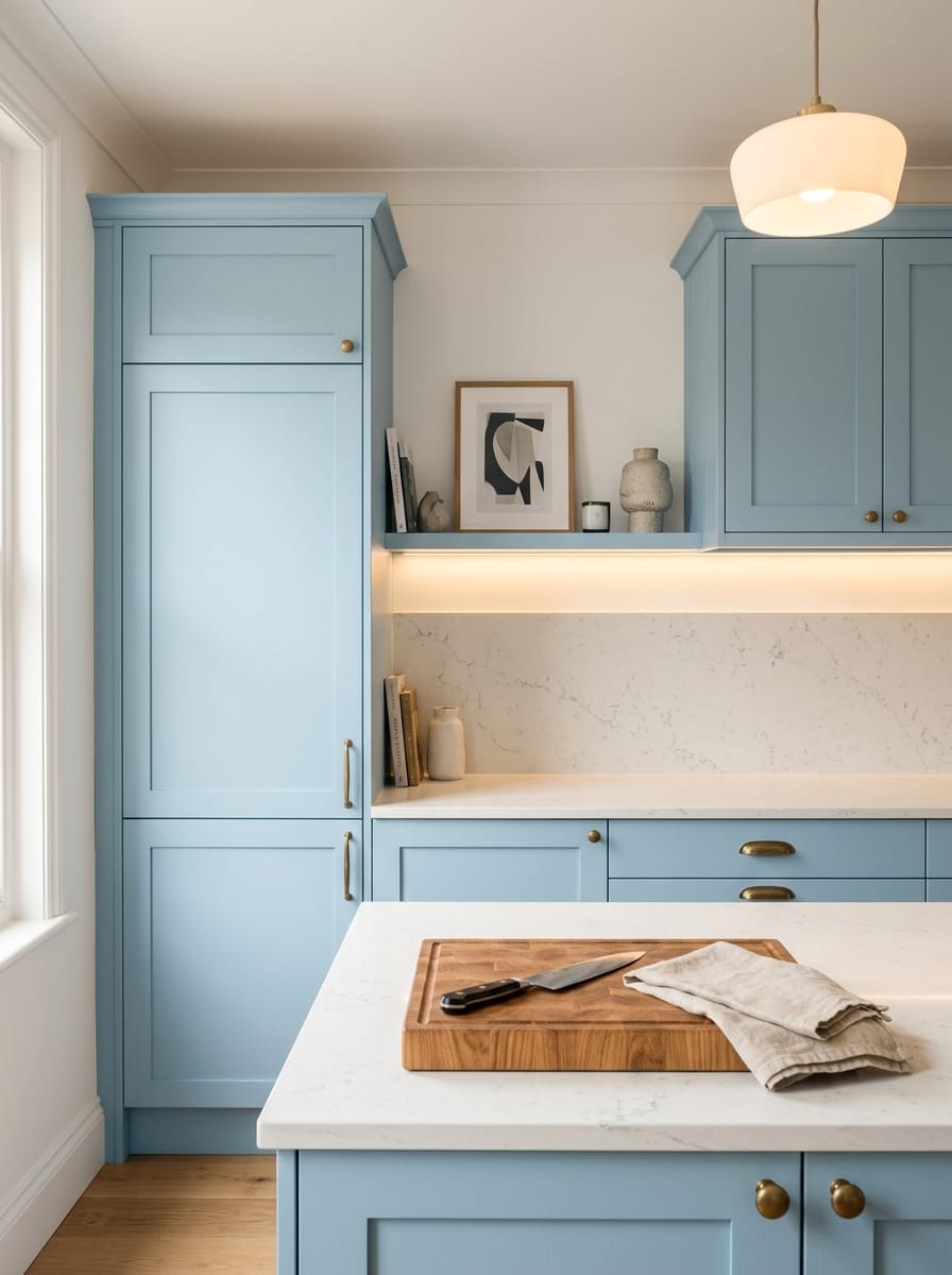 Tall view of full-height bespoke kitchen cabinetry, matt painted handleless slab cabinetry