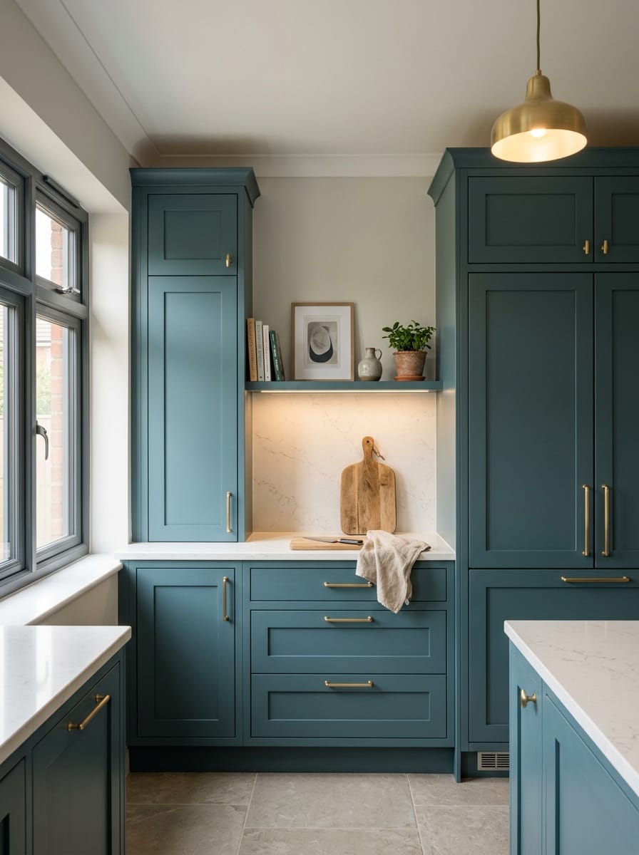 Tall view of full-height bespoke kitchen cabinetry, contemporary painted lay-on cabinetry