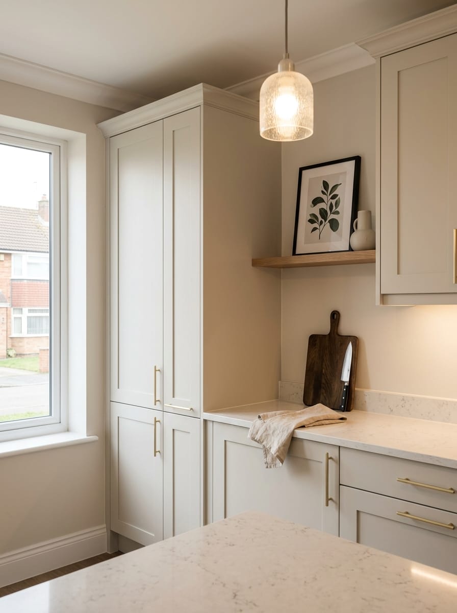 Tall view of full-height bespoke kitchen cabinetry, contemporary painted lay-on cabinetry
