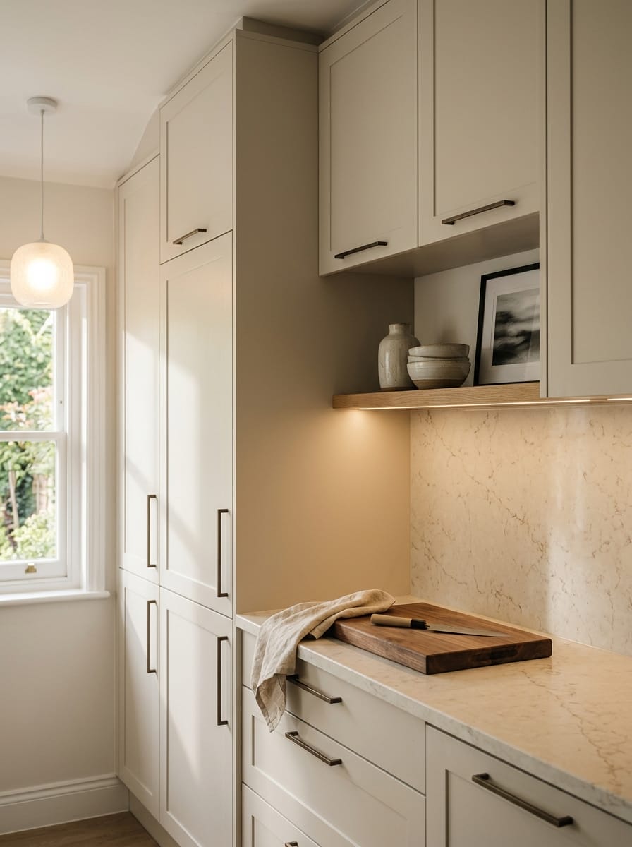 Tall view of full-height bespoke kitchen cabinetry, timber veneer slab-door cabinetry