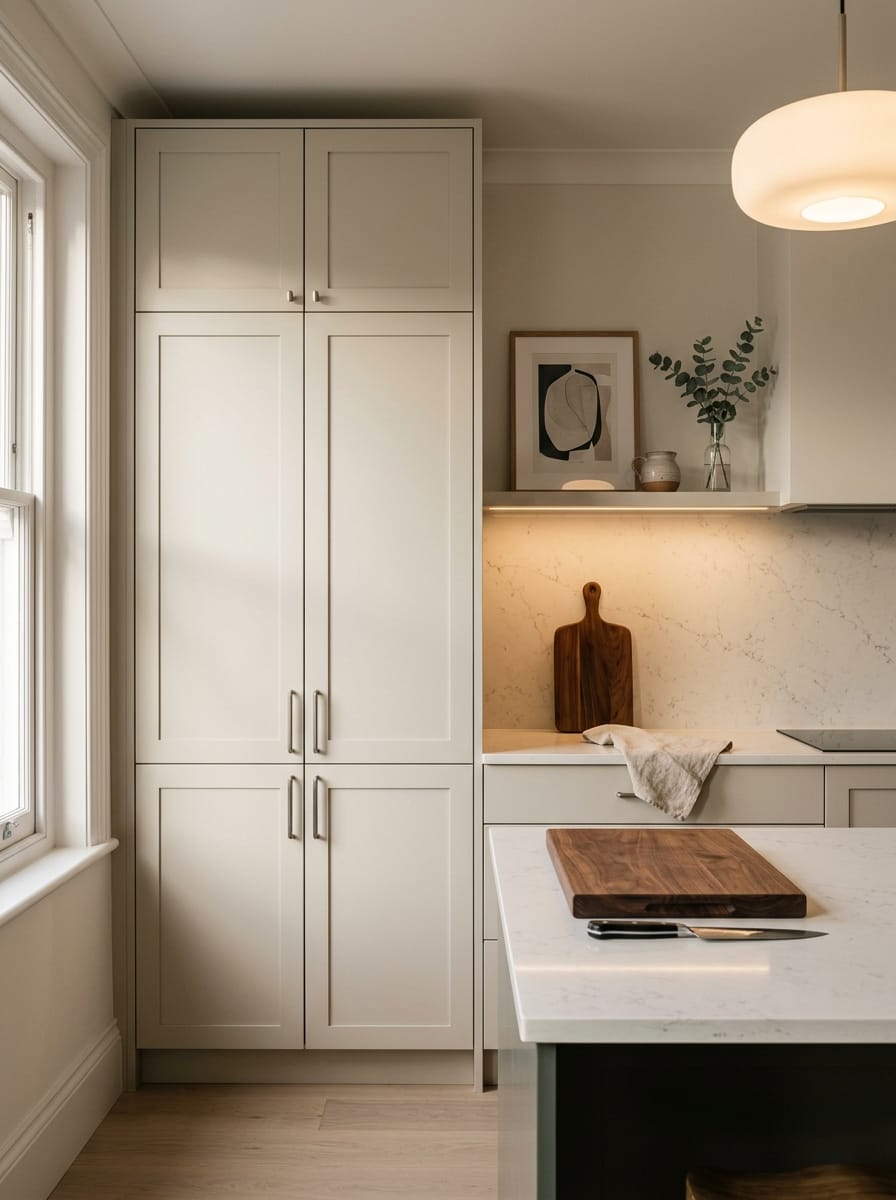 Tall view of full-height bespoke kitchen cabinetry, modern shaker cabinetry