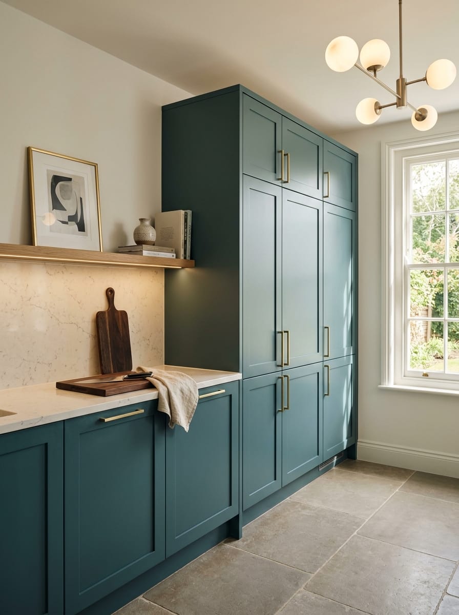 Tall view of full-height bespoke kitchen cabinetry, timber veneer slab-door cabinetry