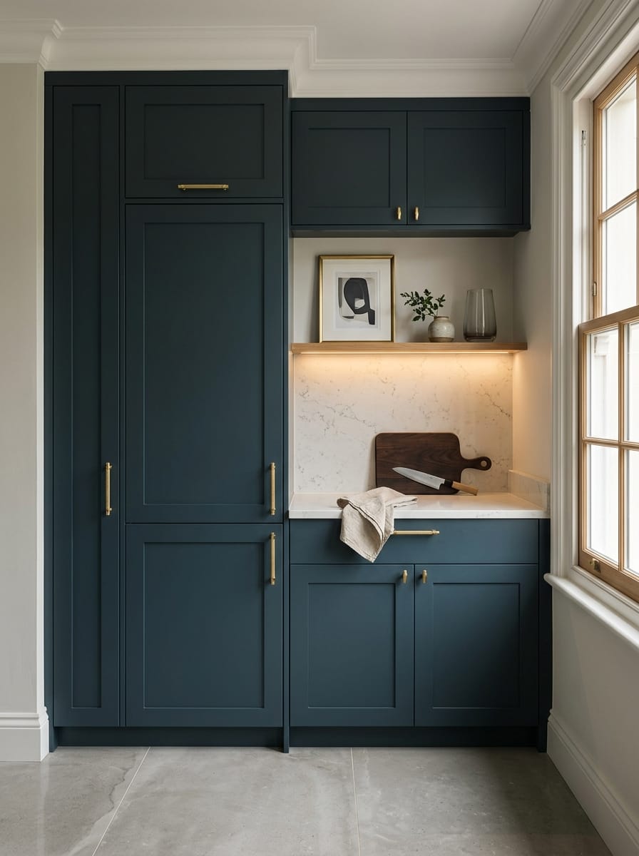 Tall view of full-height bespoke kitchen cabinetry, contemporary painted lay-on cabinetry