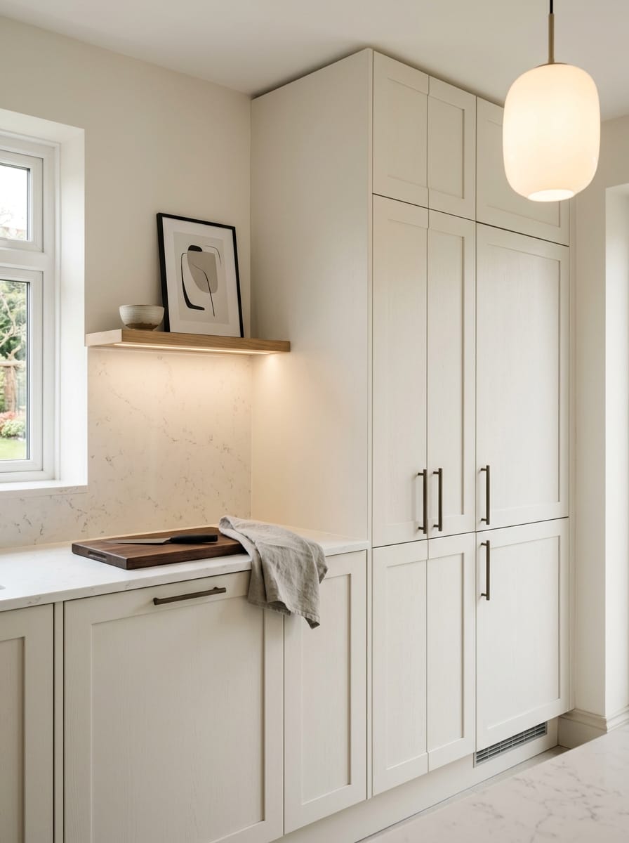 Tall view of full-height bespoke kitchen cabinetry, modern shaker cabinetry