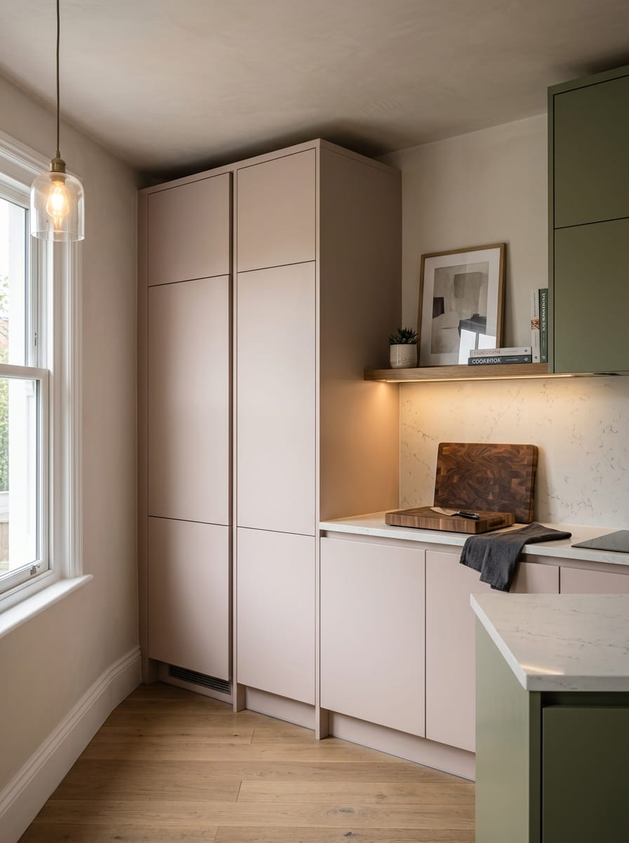 Tall view of full-height bespoke kitchen cabinetry, contemporary painted lay-on cabinetry