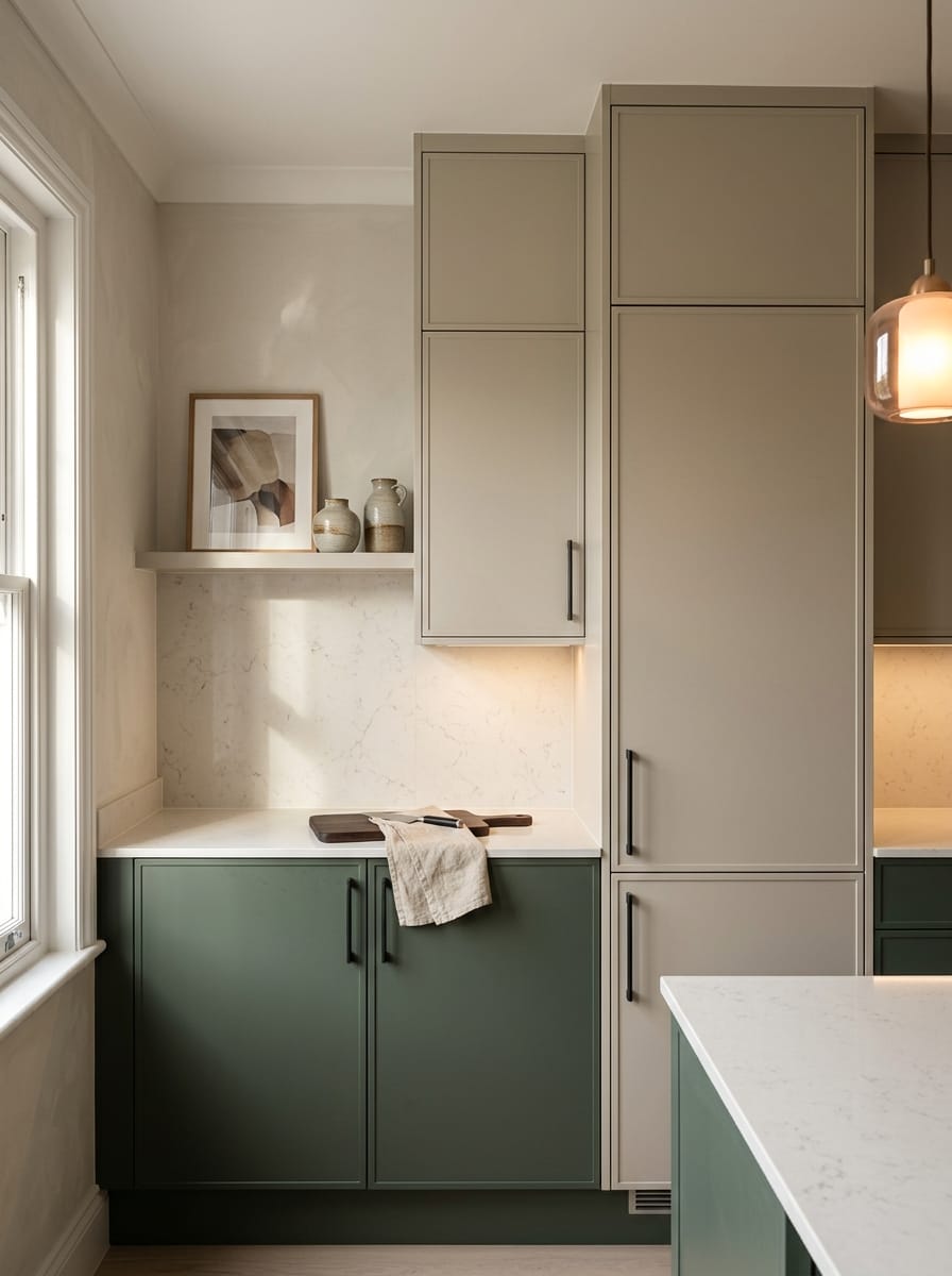 Tall view of full-height bespoke kitchen cabinetry, timber veneer slab-door cabinetry