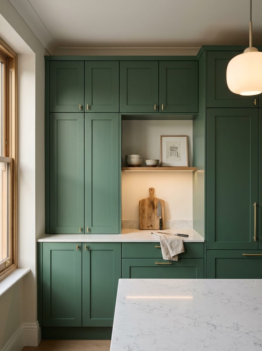 Tall view of full-height bespoke kitchen cabinetry, modern shaker cabinetry