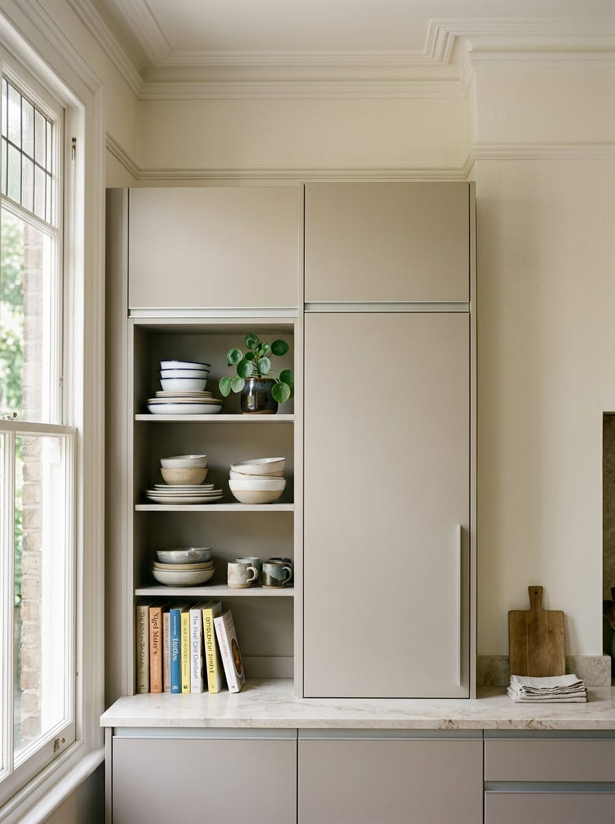 portrait1_600x800-43 matte taupe kitchen units with open shelving displaying crockery and books
