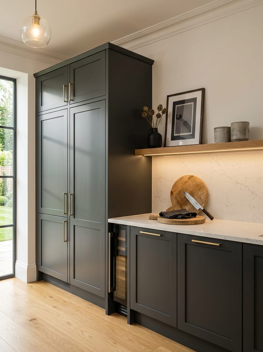 portrait1_600x800-431 Tall view of full-height bespoke kitchen cabinetry in a Yorkshire home, modern shaker cabinetry