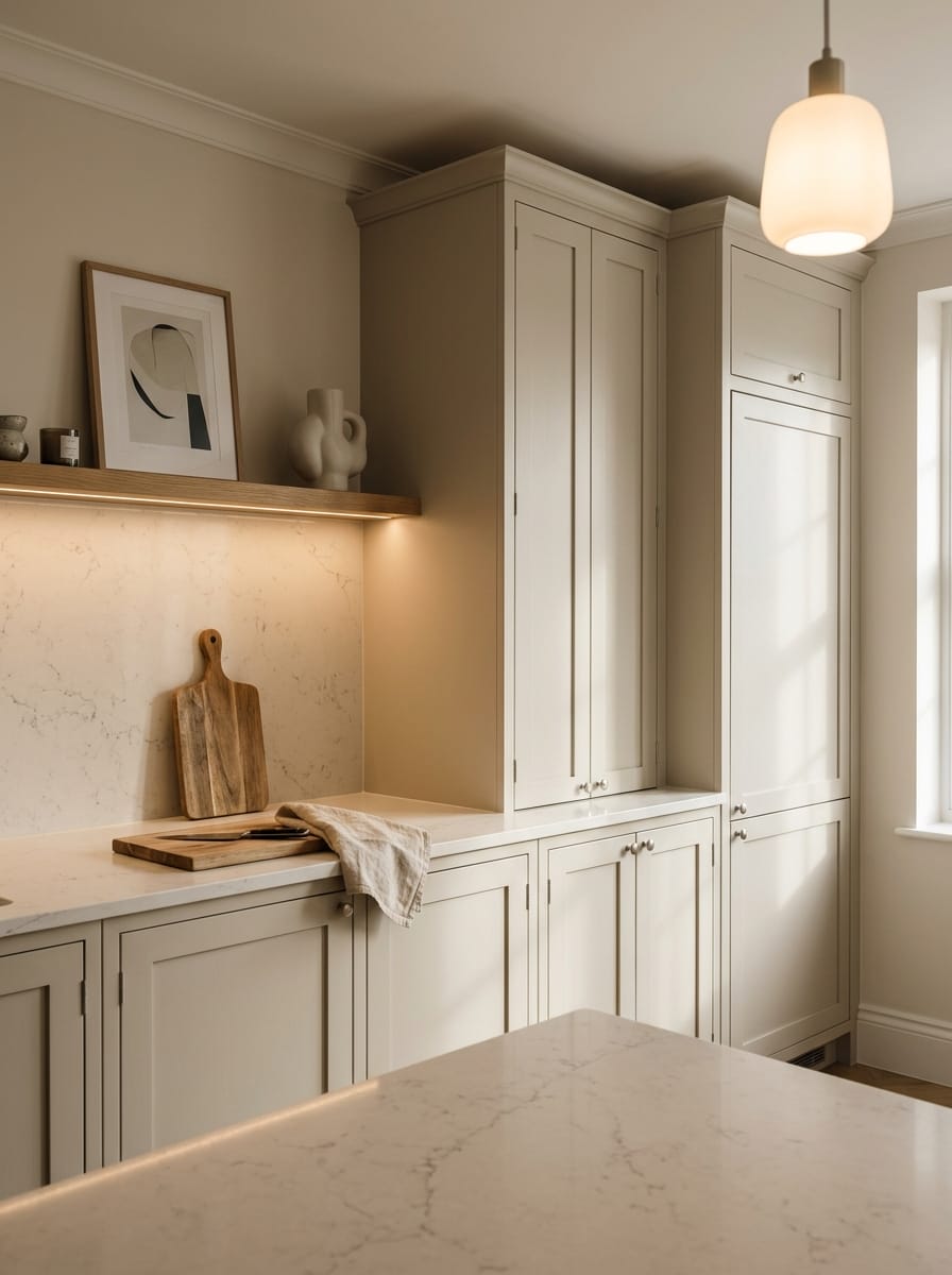 Tall view of full-height bespoke kitchen cabinetry, contemporary painted lay-on cabinetry