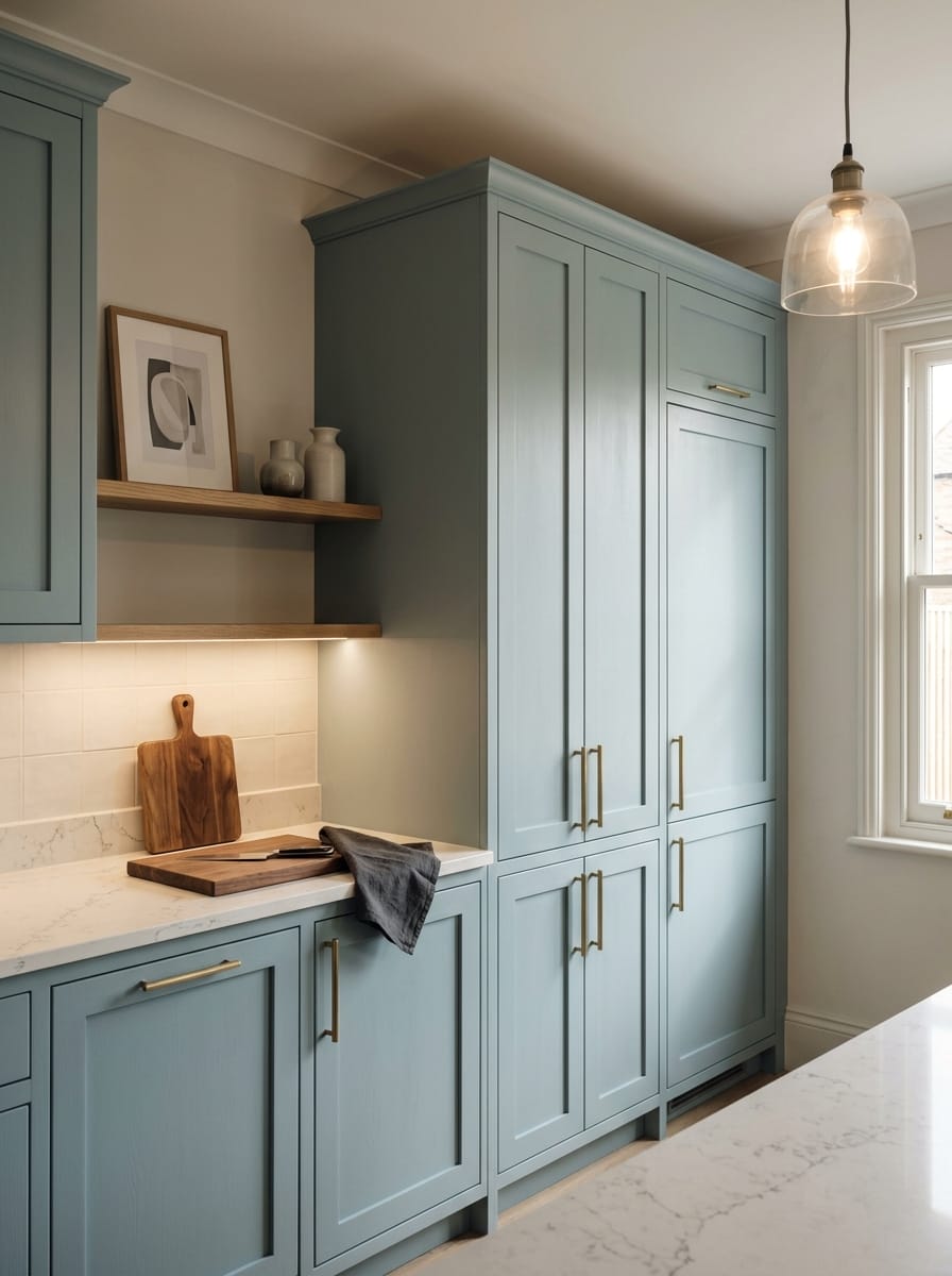 Tall view of full-height bespoke kitchen cabinetry, matt painted handleless slab cabinetry