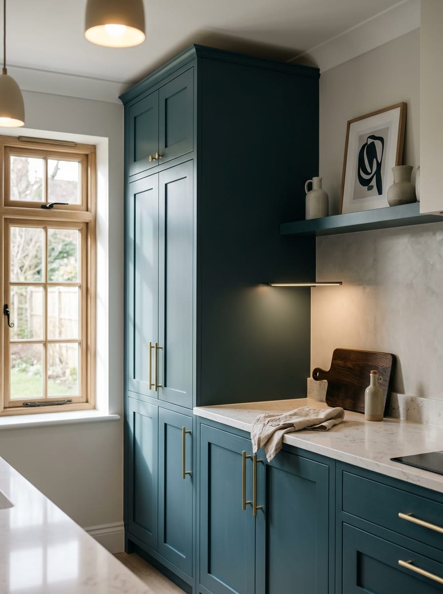 Tall view of full-height bespoke kitchen cabinetry, timber veneer slab-door cabinetry