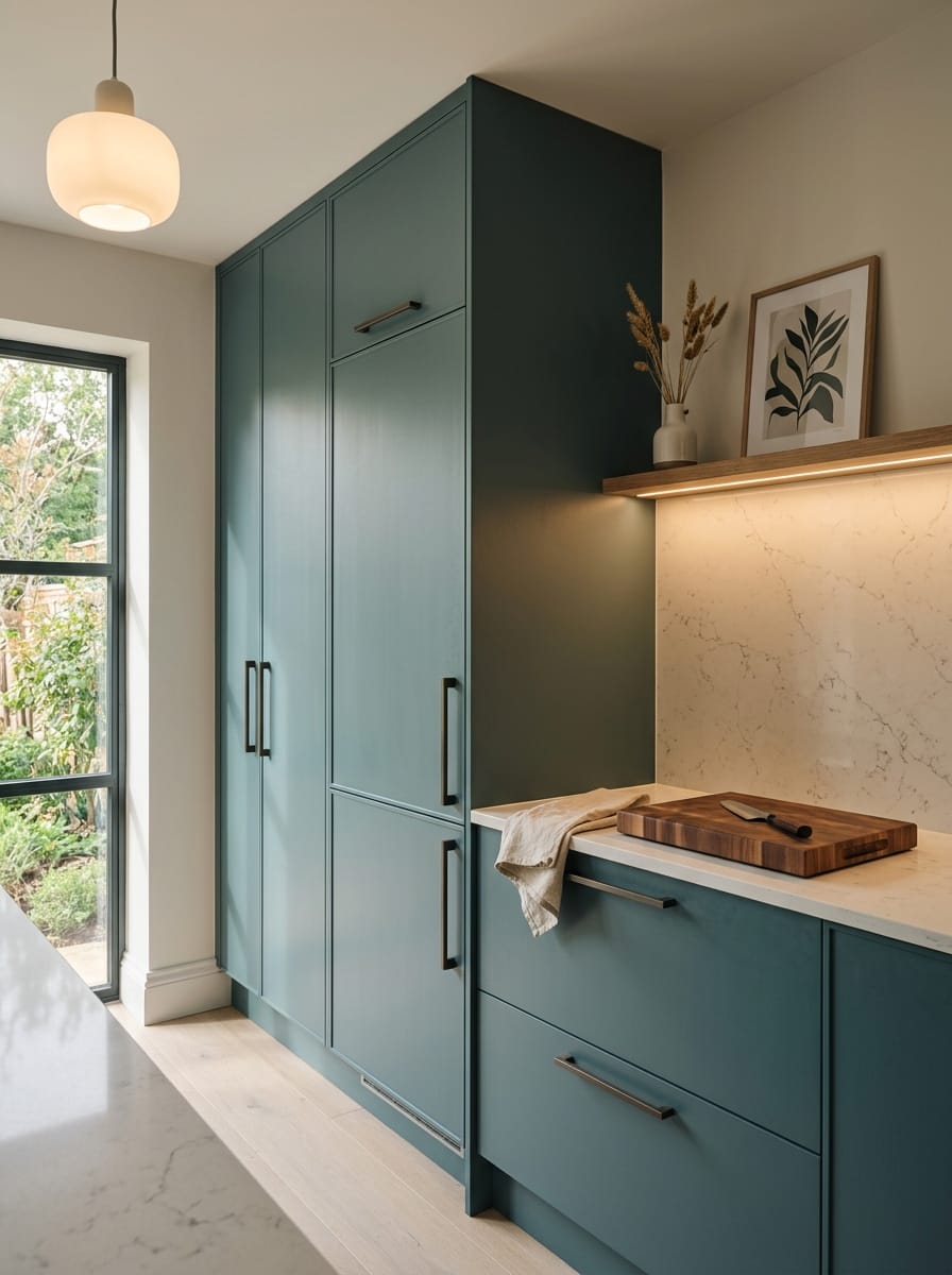 Tall view of full-height bespoke kitchen cabinetry, matt painted handleless slab cabinetry