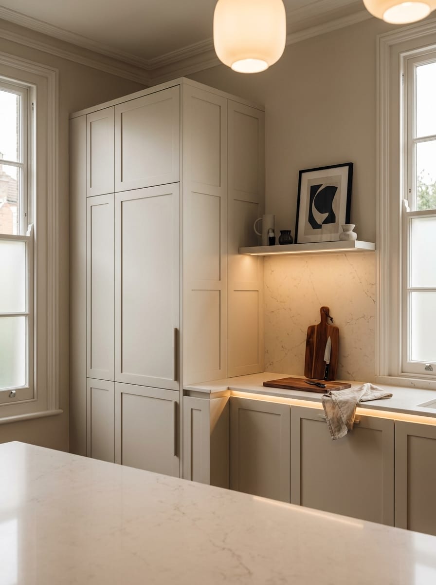 portrait1_600x800-439 Tall view of full-height bespoke kitchen cabinetry, contemporary painted lay-on cabinetry