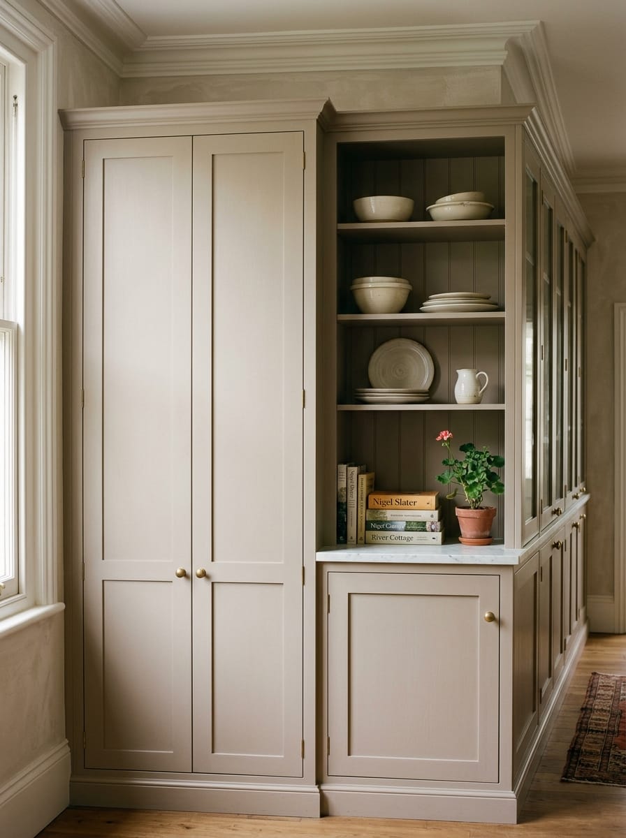pale taupe cupboards with open shelving displaying cream crockery and cookery books
