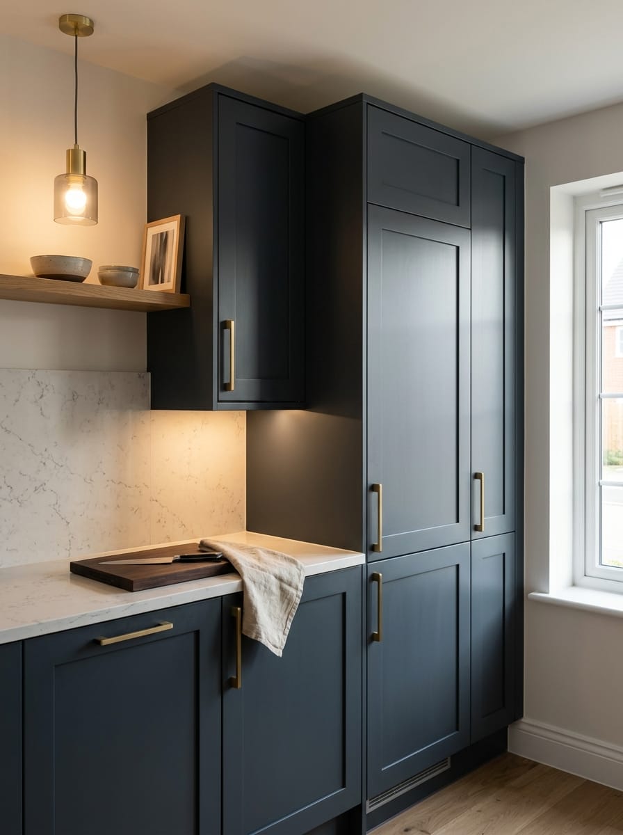 Tall view of full-height bespoke kitchen cabinetry, contemporary painted lay-on cabinetry