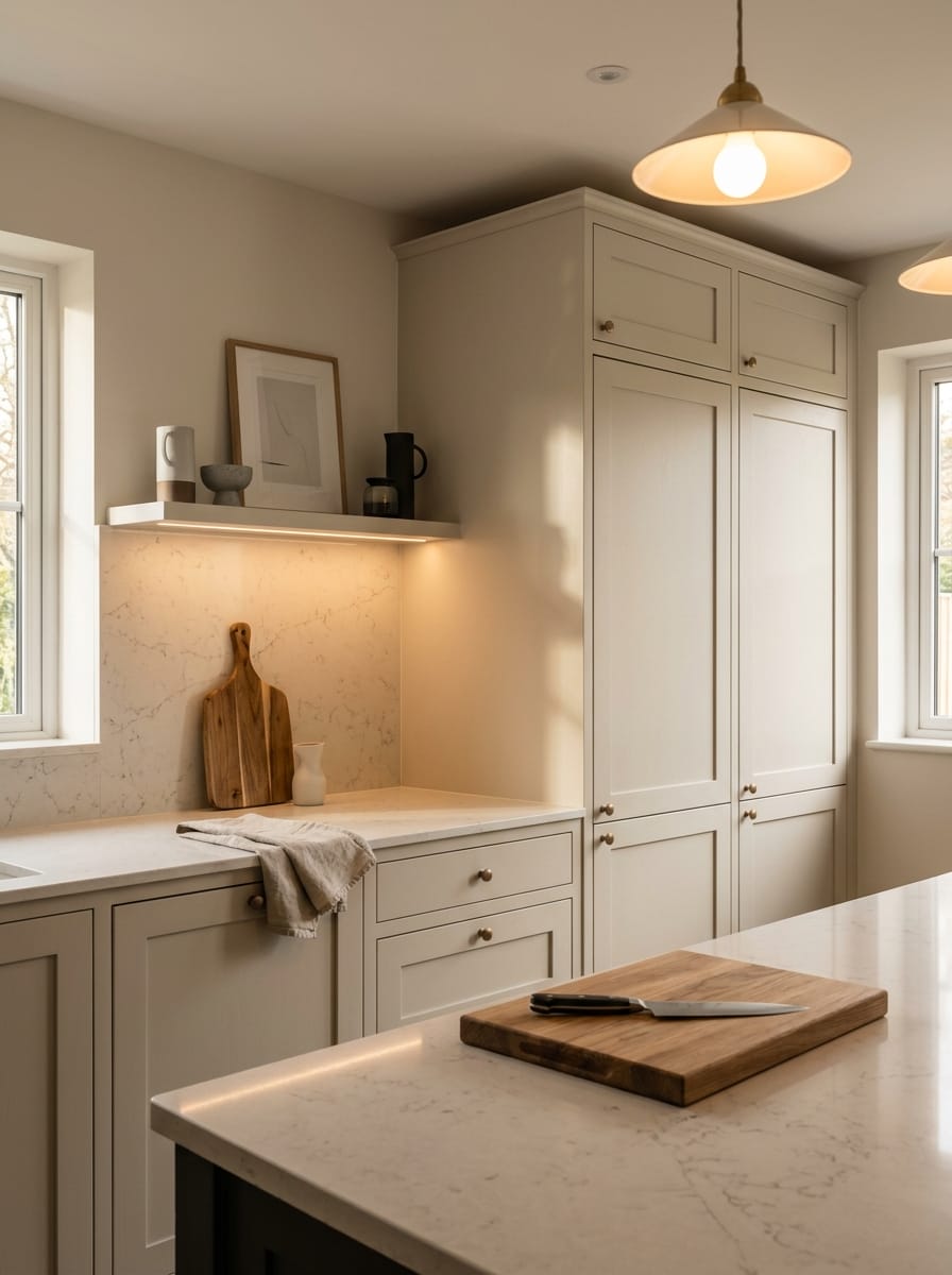 Tall view of full-height bespoke kitchen cabinetry, contemporary painted lay-on cabinetry