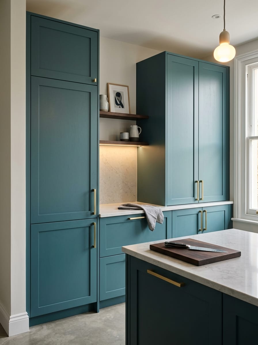 Tall view of full-height bespoke kitchen cabinetry, timber veneer slab-door cabinetry