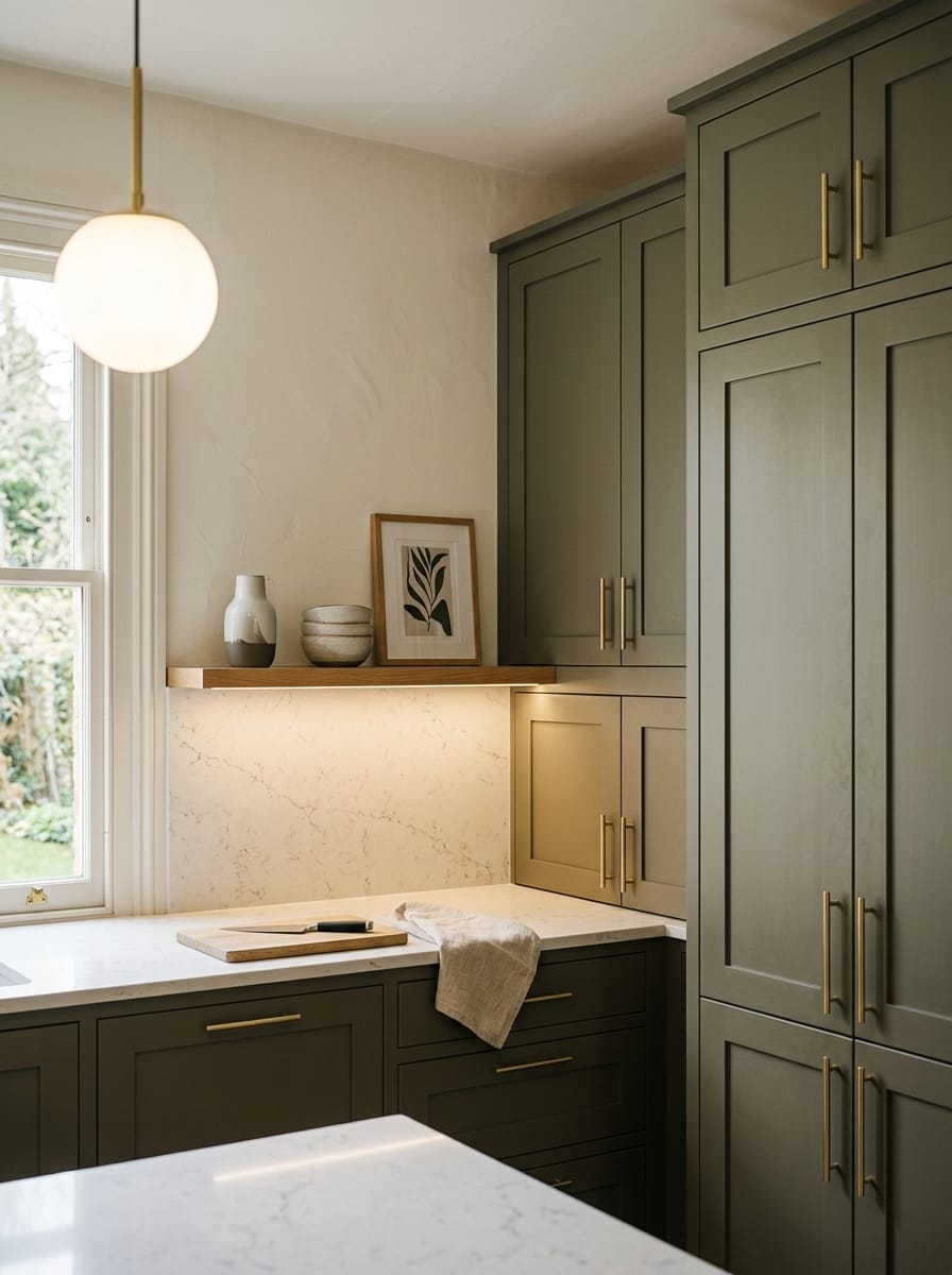 Tall view of full-height bespoke kitchen cabinetry, modern shaker cabinetry