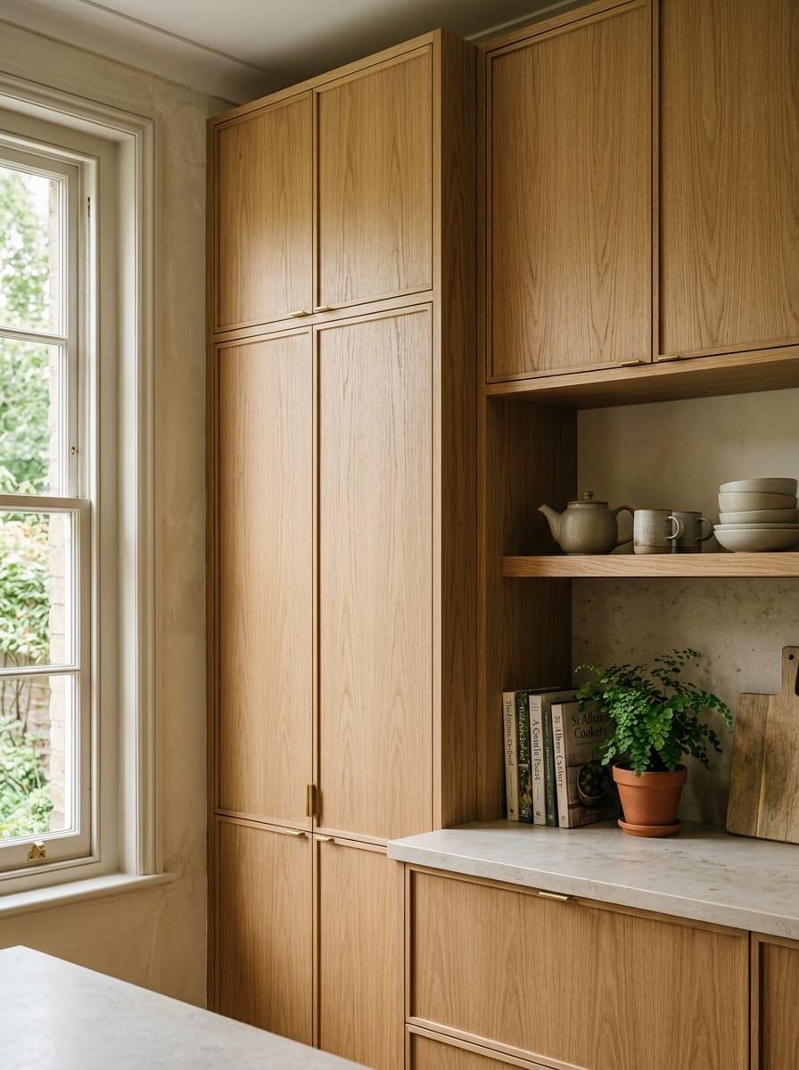 light wood cupboards with open shelf displaying crockery and a potted fern