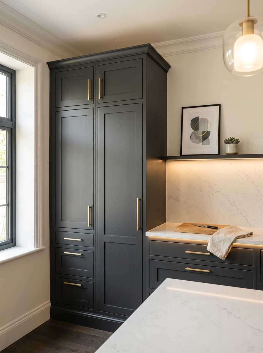 portrait1_600x800-450 Tall view of full-height bespoke kitchen cabinetry, matt painted handleless slab cabinetry