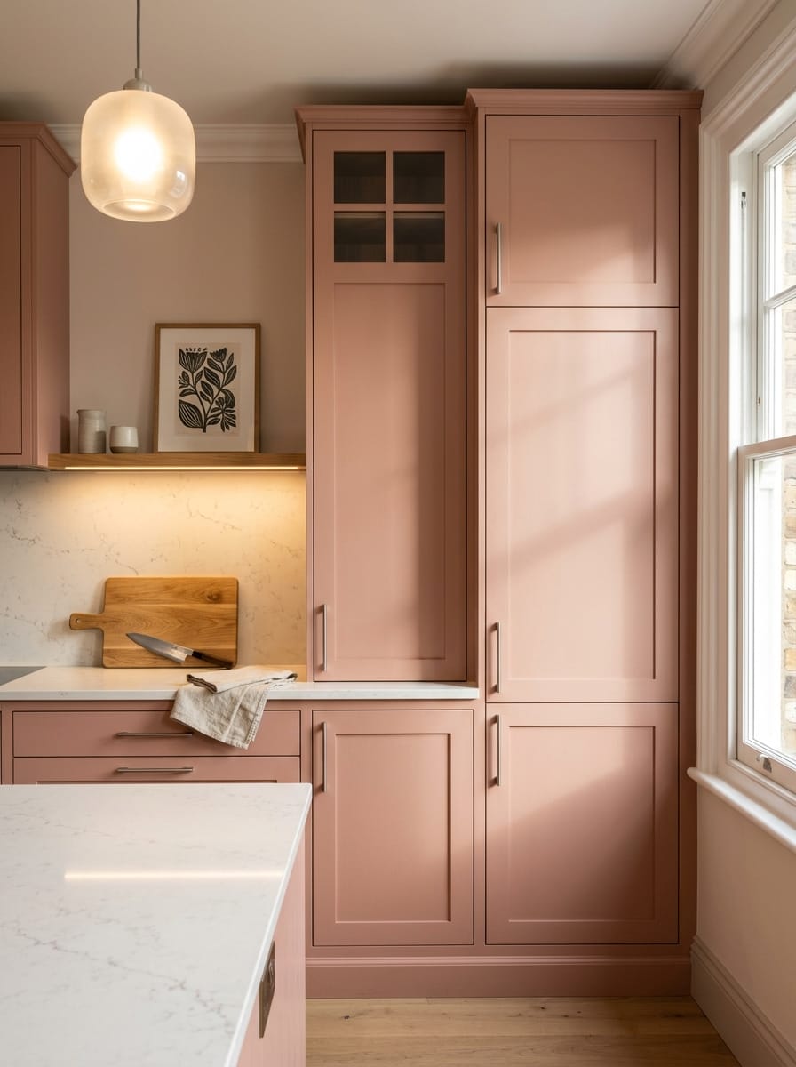 Tall view of full-height bespoke kitchen cabinetry, contemporary painted lay-on cabinetry