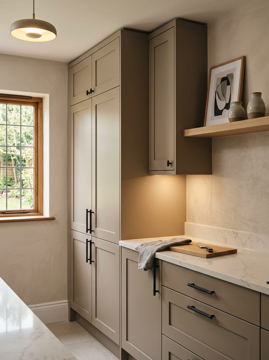 portrait1_600x800-453 Tall view of full-height bespoke kitchen cabinetry, matt painted handleless slab cabinetry