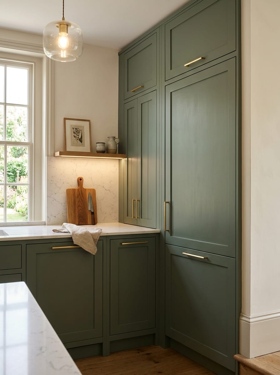 portrait1_600x800-456 Tall view of full-height bespoke kitchen cabinetry, matt painted handleless slab cabinetry