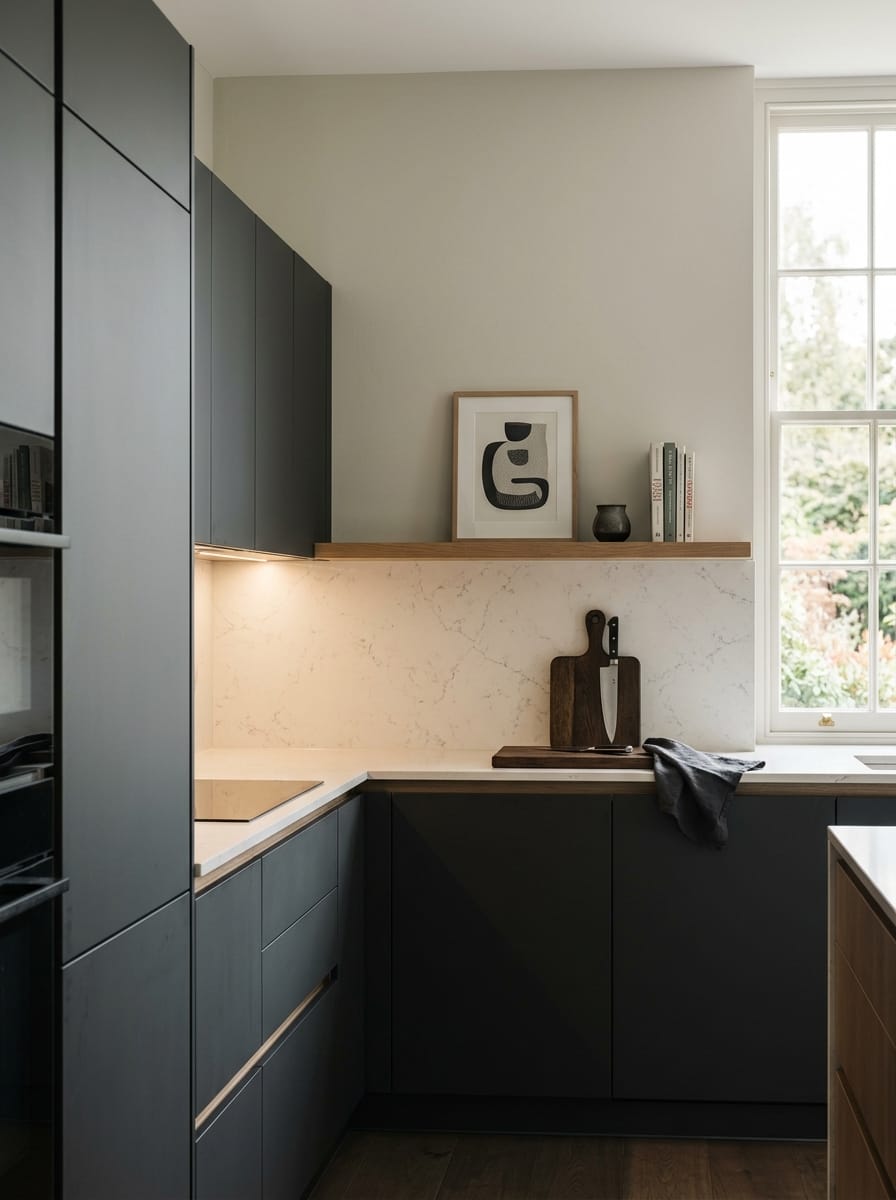 Tall view of full-height bespoke kitchen cabinetry, modern shaker cabinetry