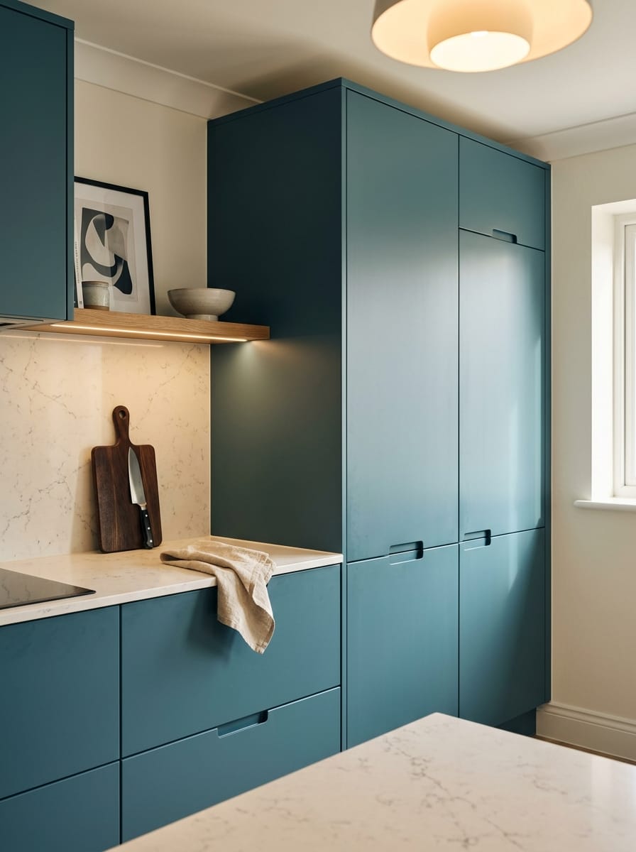 Tall view of full-height bespoke kitchen cabinetry, matt painted handleless slab cabinetry