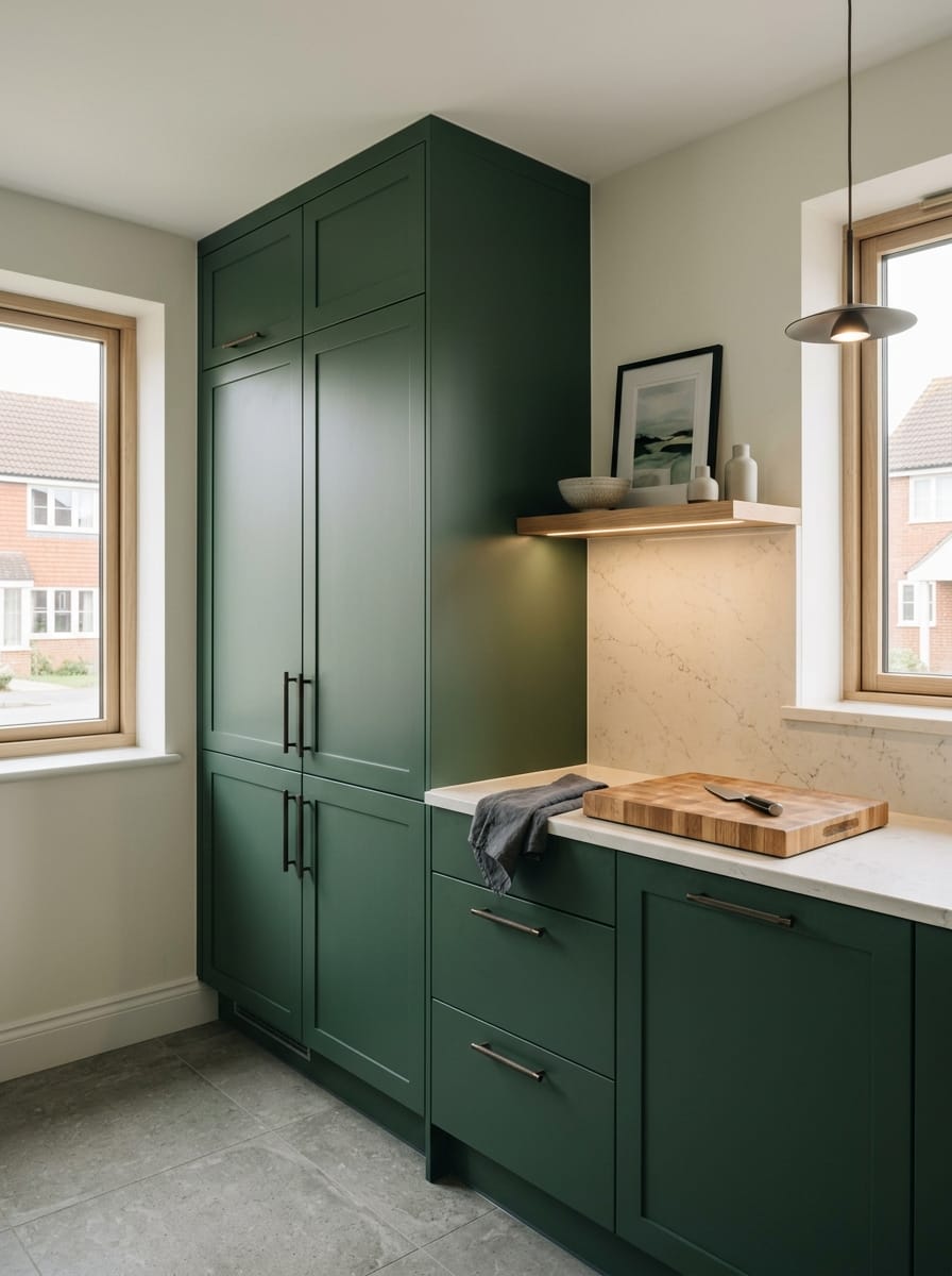Tall view of full-height bespoke kitchen cabinetry, modern shaker cabinetry