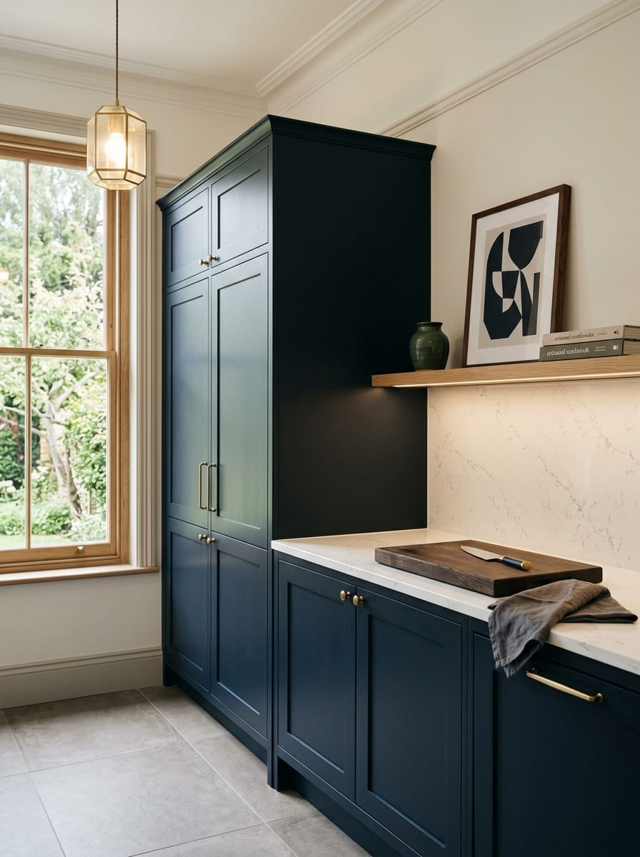 Tall view of full-height bespoke kitchen cabinetry, timber veneer slab-door cabinetry