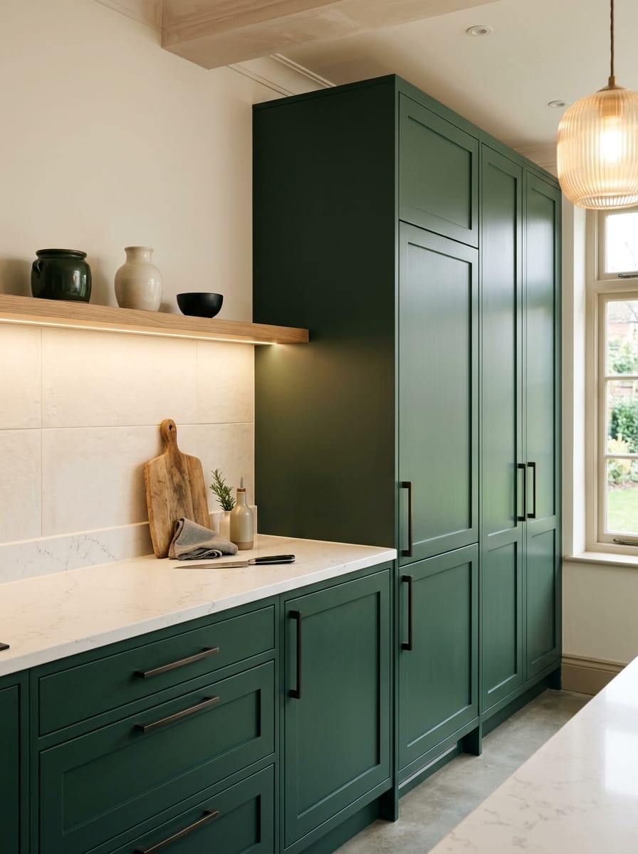 Tall view of full-height bespoke kitchen cabinetry, matt painted handleless slab cabinetry