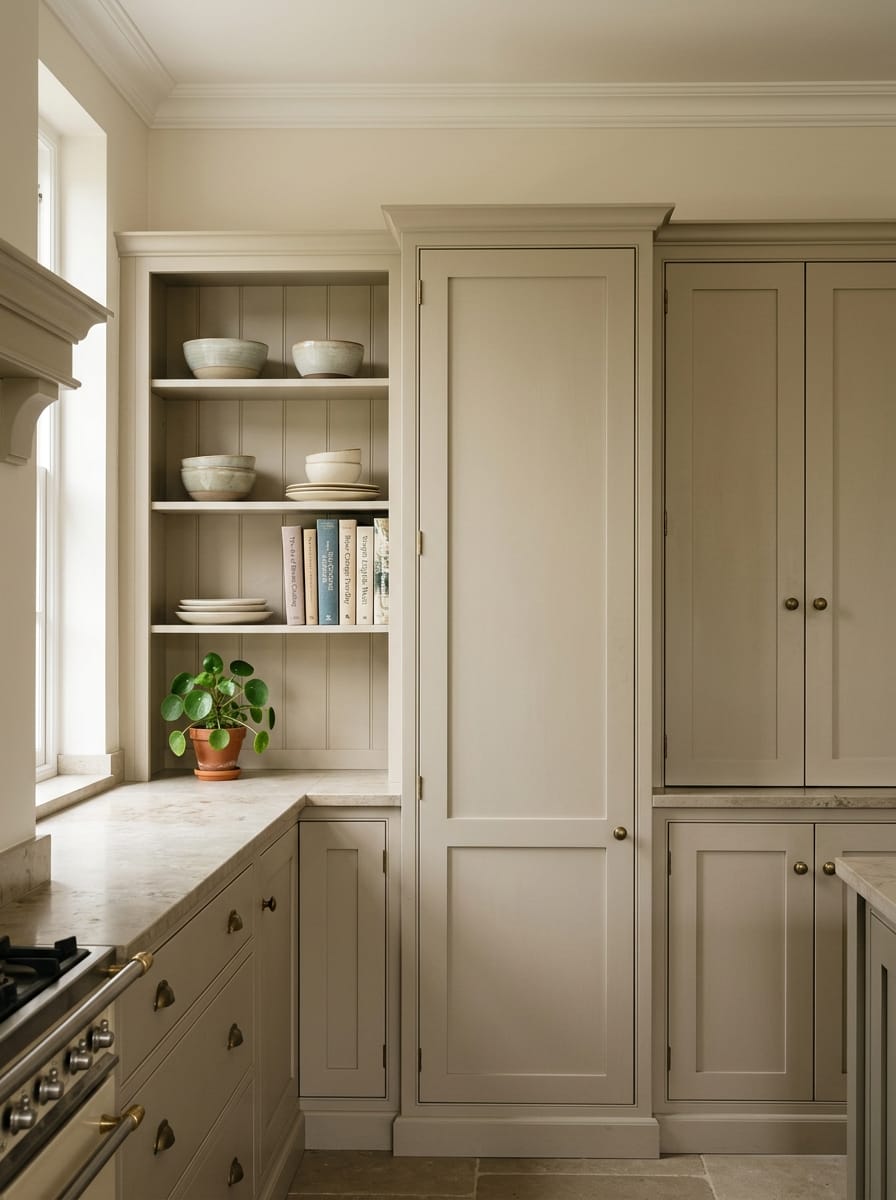 cream shaker cupboards with open shelving, ceramic bowls and a small potted plant