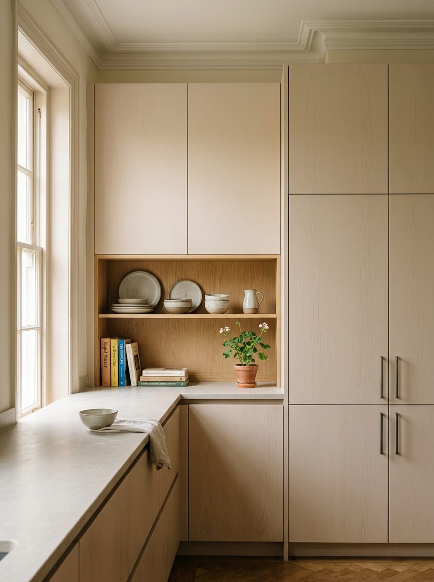 light wood kitchen with open shelving, books and a potted plant