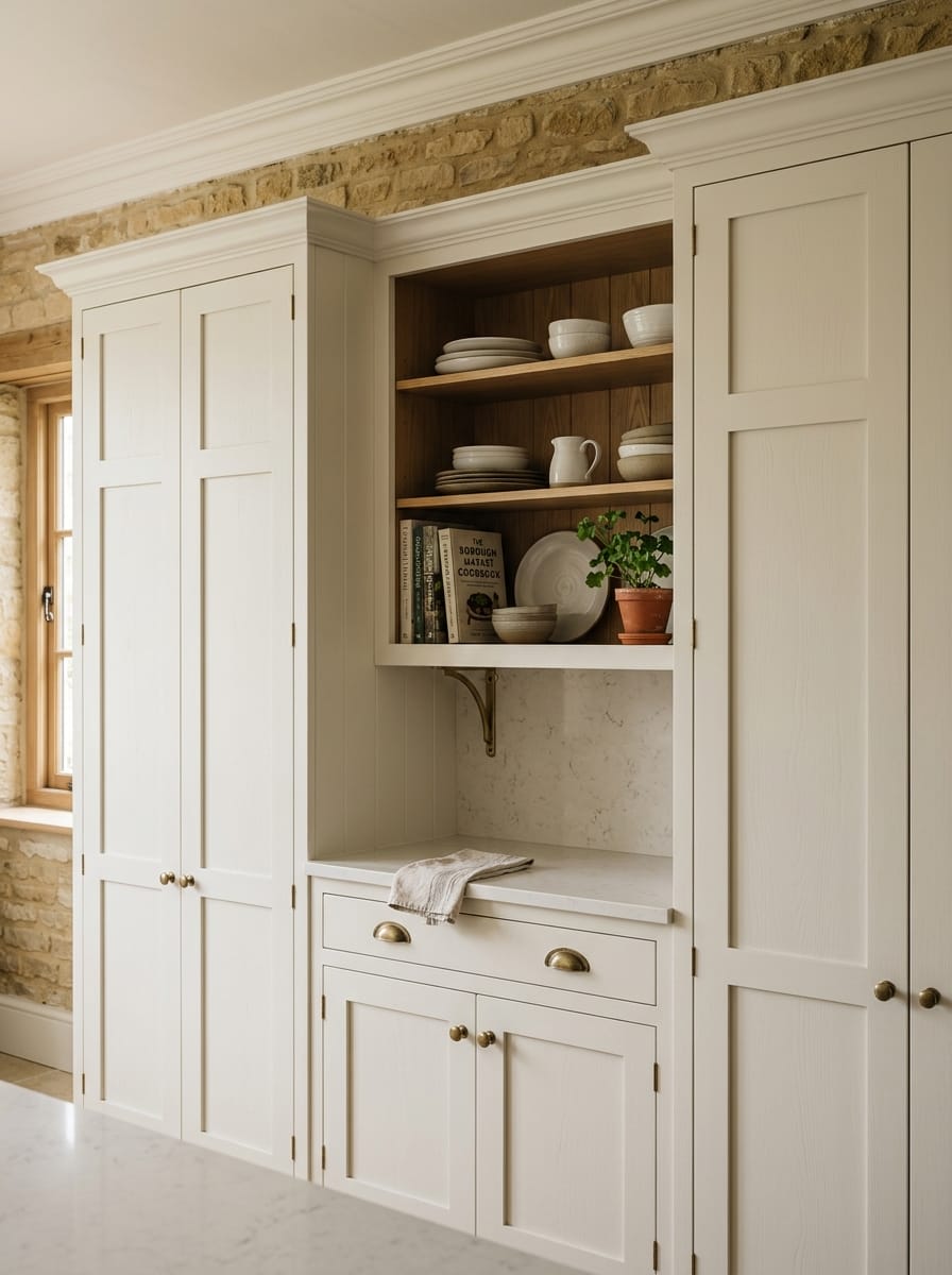 Tall view of full-height bespoke kitchen cabinetry, painted lay-on shaker cabinetry